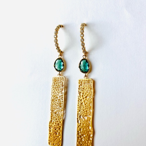 Gorgeous HANDMADE Gold Green Tourmaline Art Deco Earrings - Picture 4 of 4